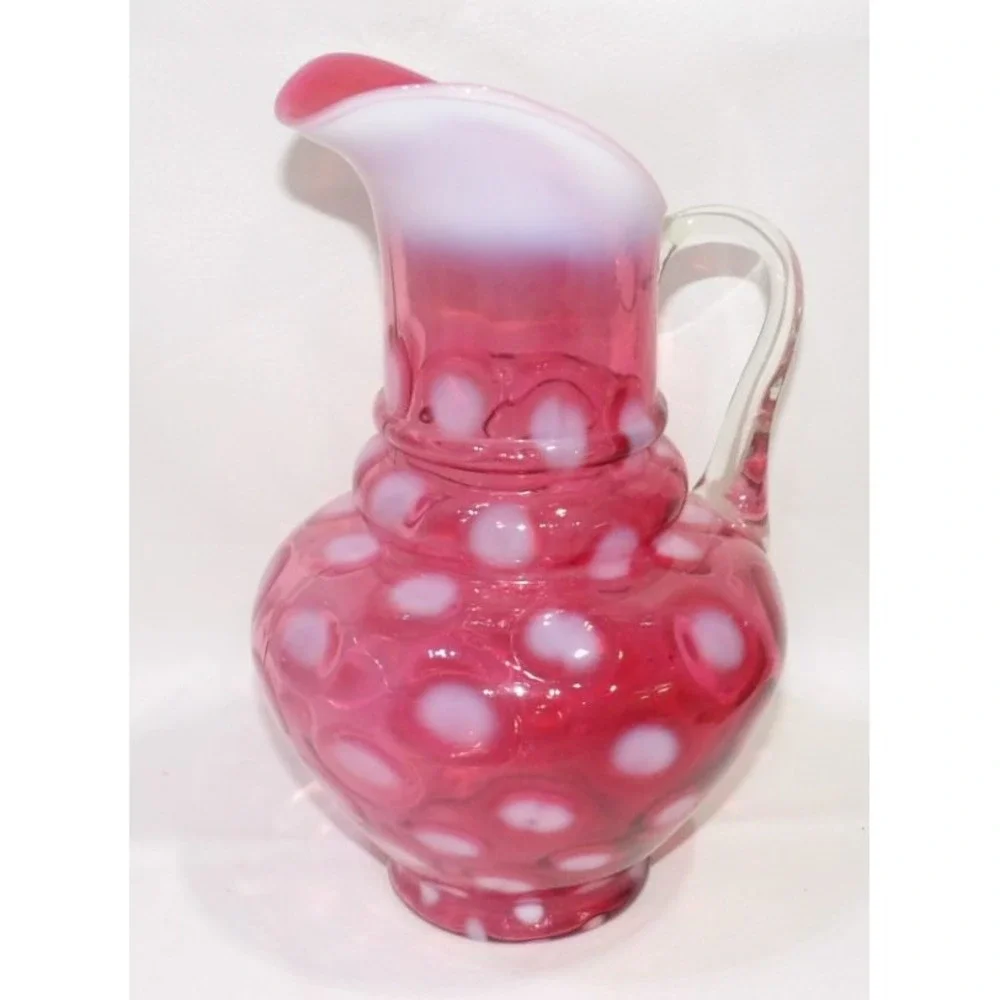 Vintage Cranberry Opalescent Coin Dot Glass Pitcher Ruffled Rim Applied Handle